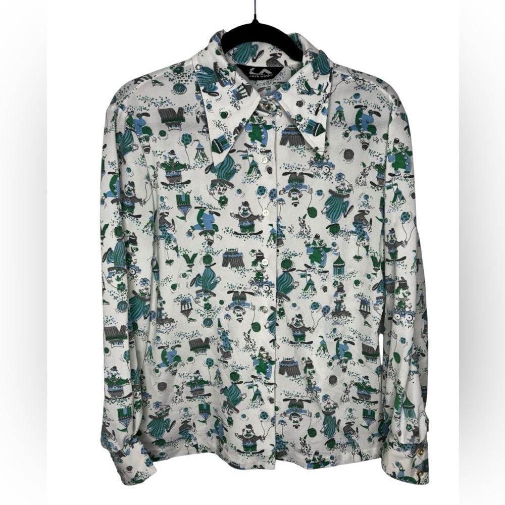VTG 60s 70s Jack Winter Clown Print Carnival Long Sleeve Button Up Wearable Art